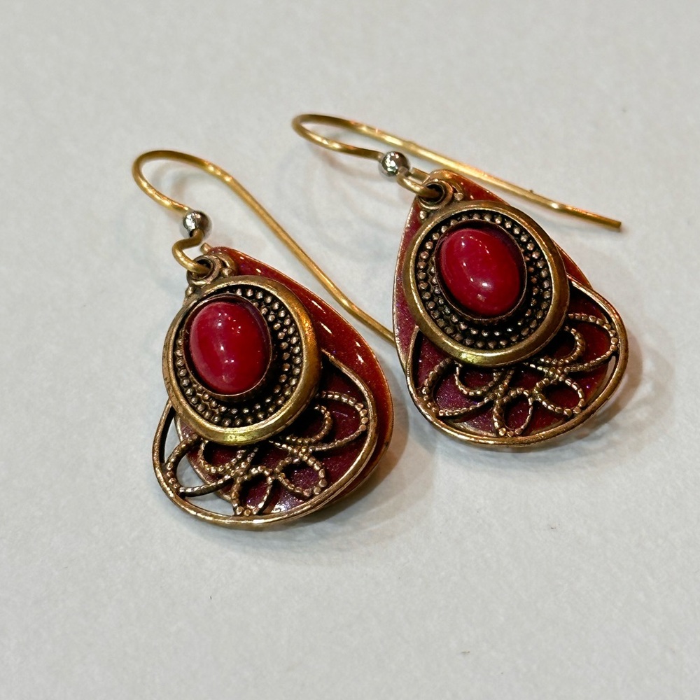 Silver Forest Red Coral and Copper Drop Earrings